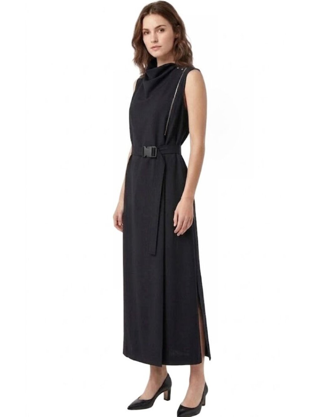 Tomas Maier Asymmetric Zip Belted Maxi Dress Black 100% Wool Womens Size 8